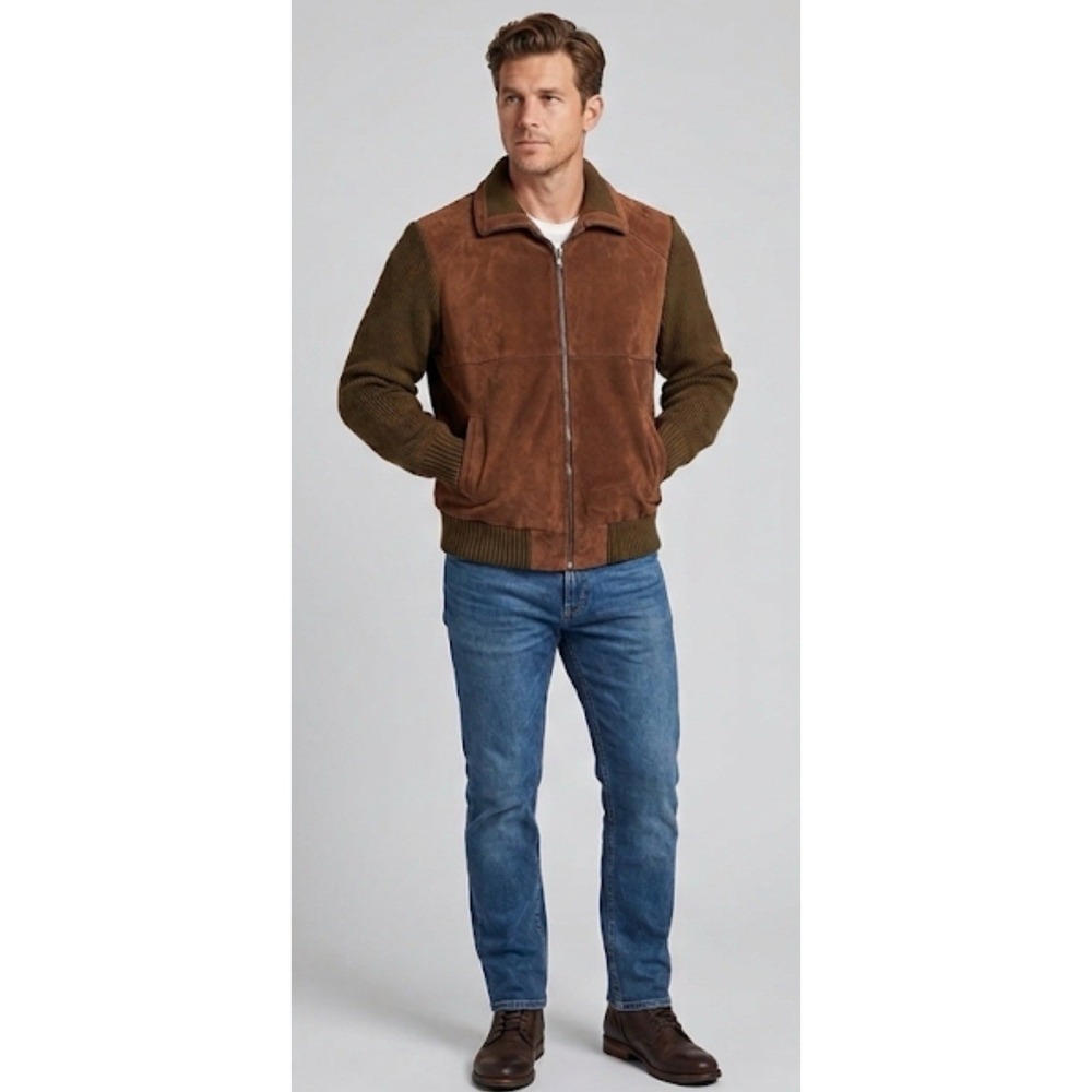 Vtg Mervyns Leather Suede Sweater Jacket Mens Large Brown Knit Full Zip Bomber